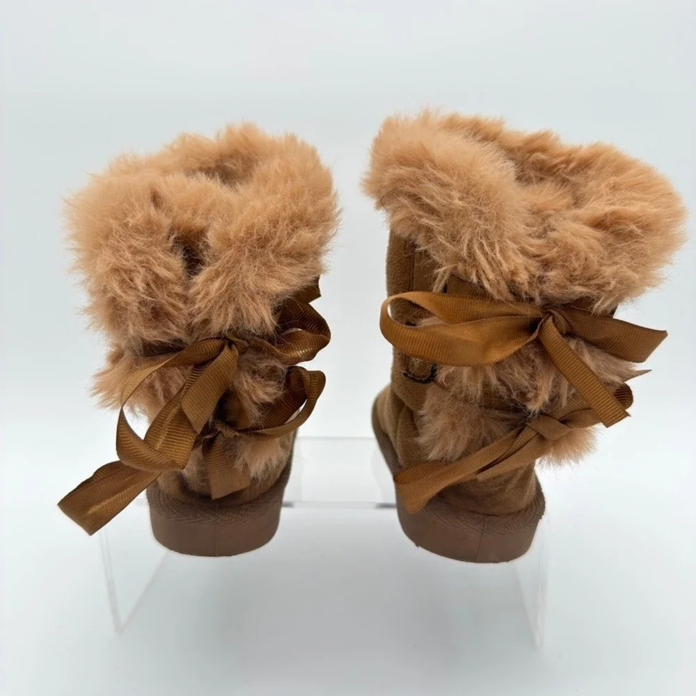 Faux Fur Winter Boots Size 8 Brown Suede Look Ribbon Tie Mid Calf